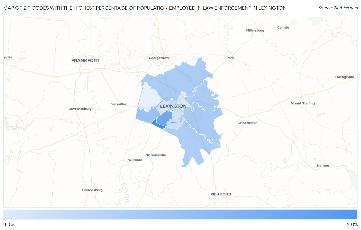 Zip Codes with the Highest Percentage of Population Employed in Law Enforcement in Lexington Map