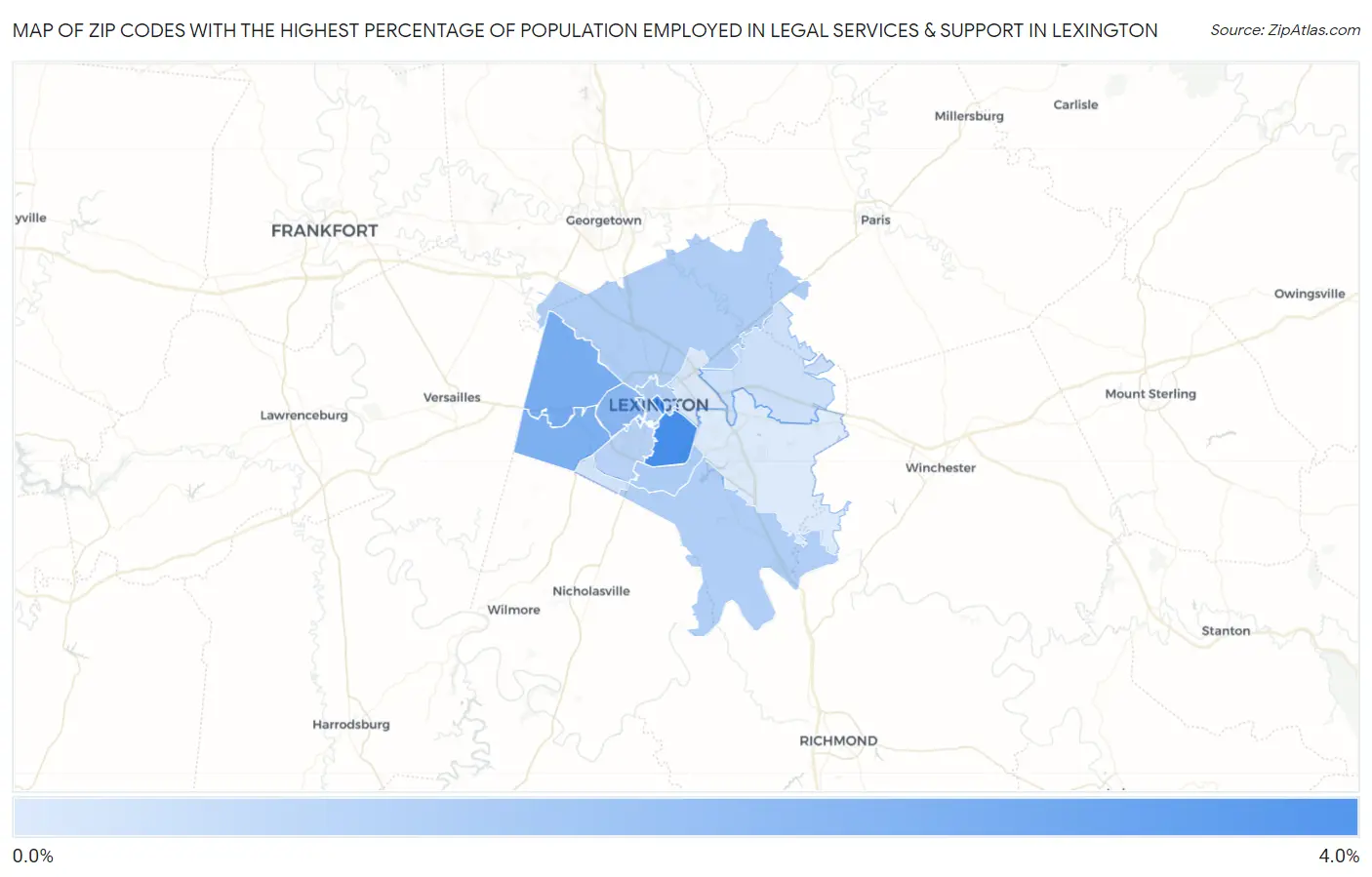 Zip Codes with the Highest Percentage of Population Employed in Legal Services & Support in Lexington Map