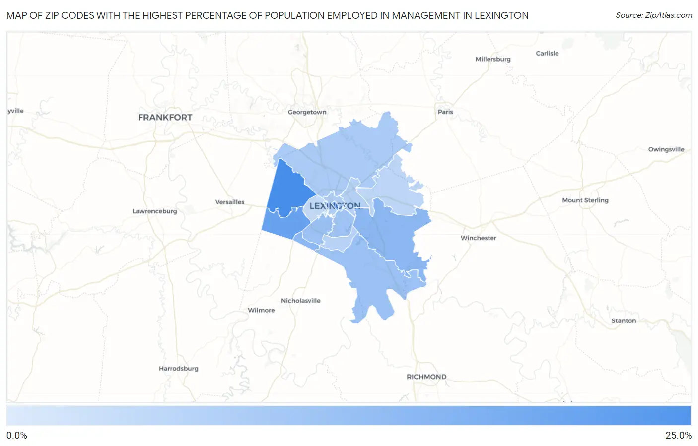 Zip Codes with the Highest Percentage of Population Employed in Management in Lexington Map