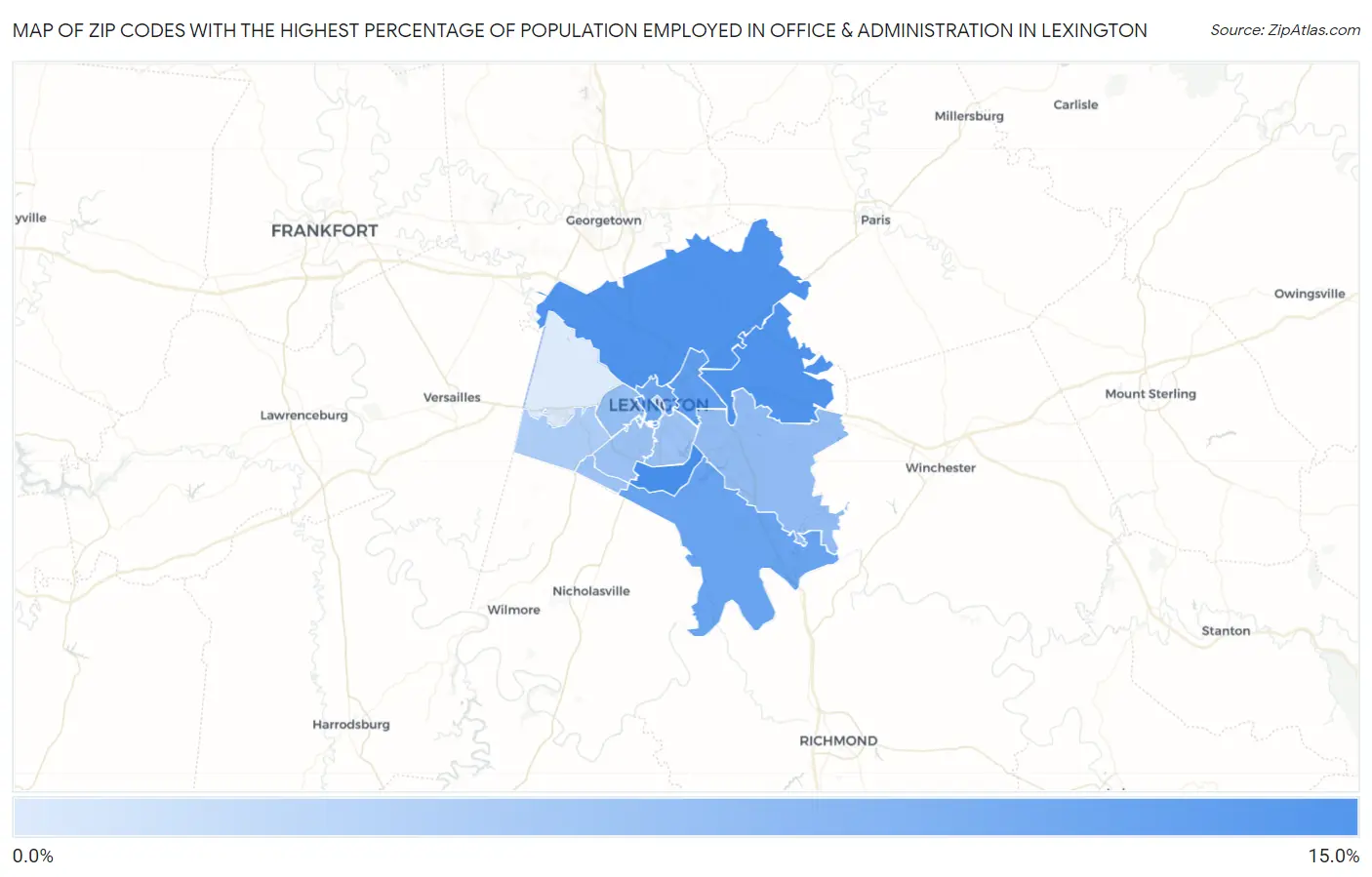 Zip Codes with the Highest Percentage of Population Employed in Office & Administration in Lexington Map