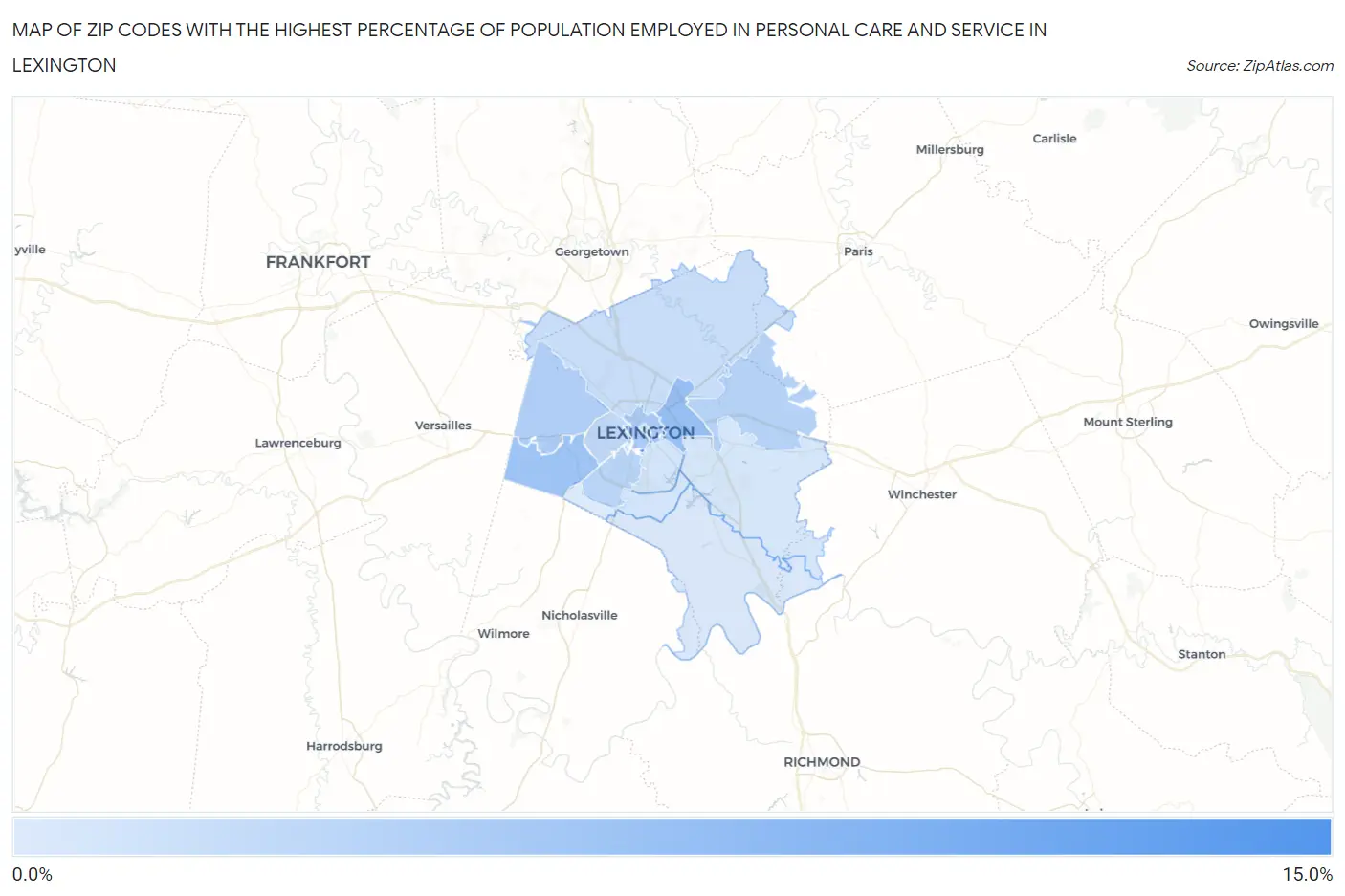 Zip Codes with the Highest Percentage of Population Employed in Personal Care and Service in Lexington Map
