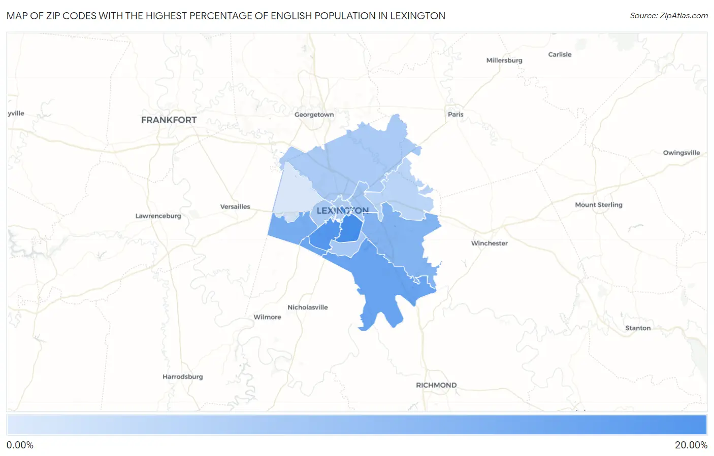 Zip Codes with the Highest Percentage of English Population in Lexington Map