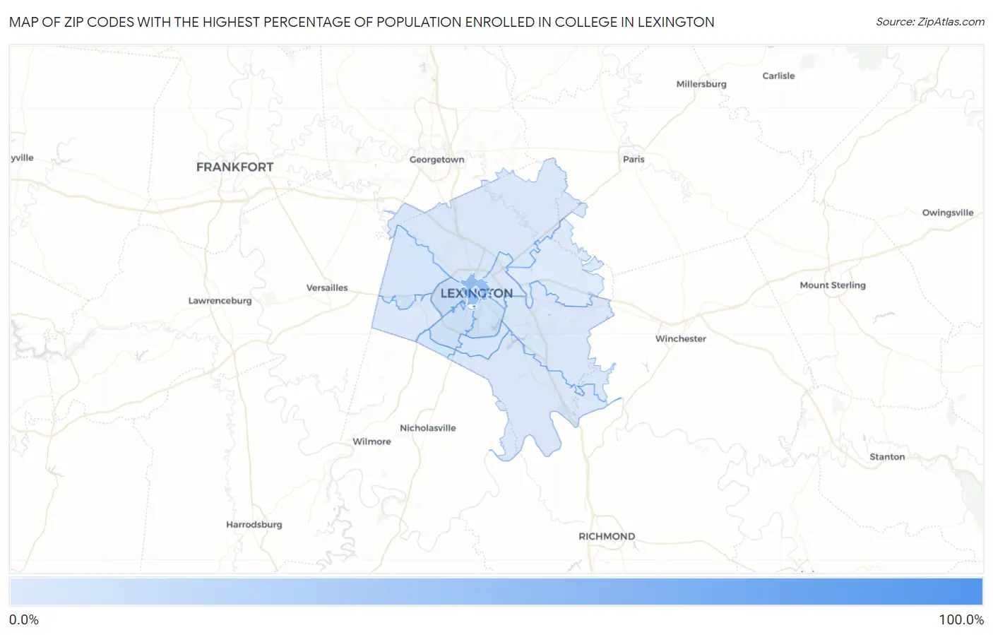 Zip Codes with the Highest Percentage of Population Enrolled in College in Lexington Map