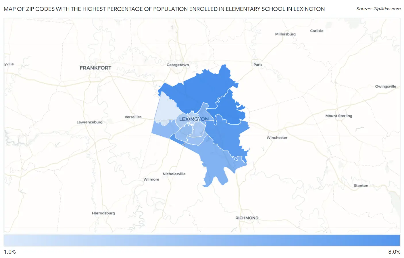 Zip Codes with the Highest Percentage of Population Enrolled in Elementary School in Lexington Map