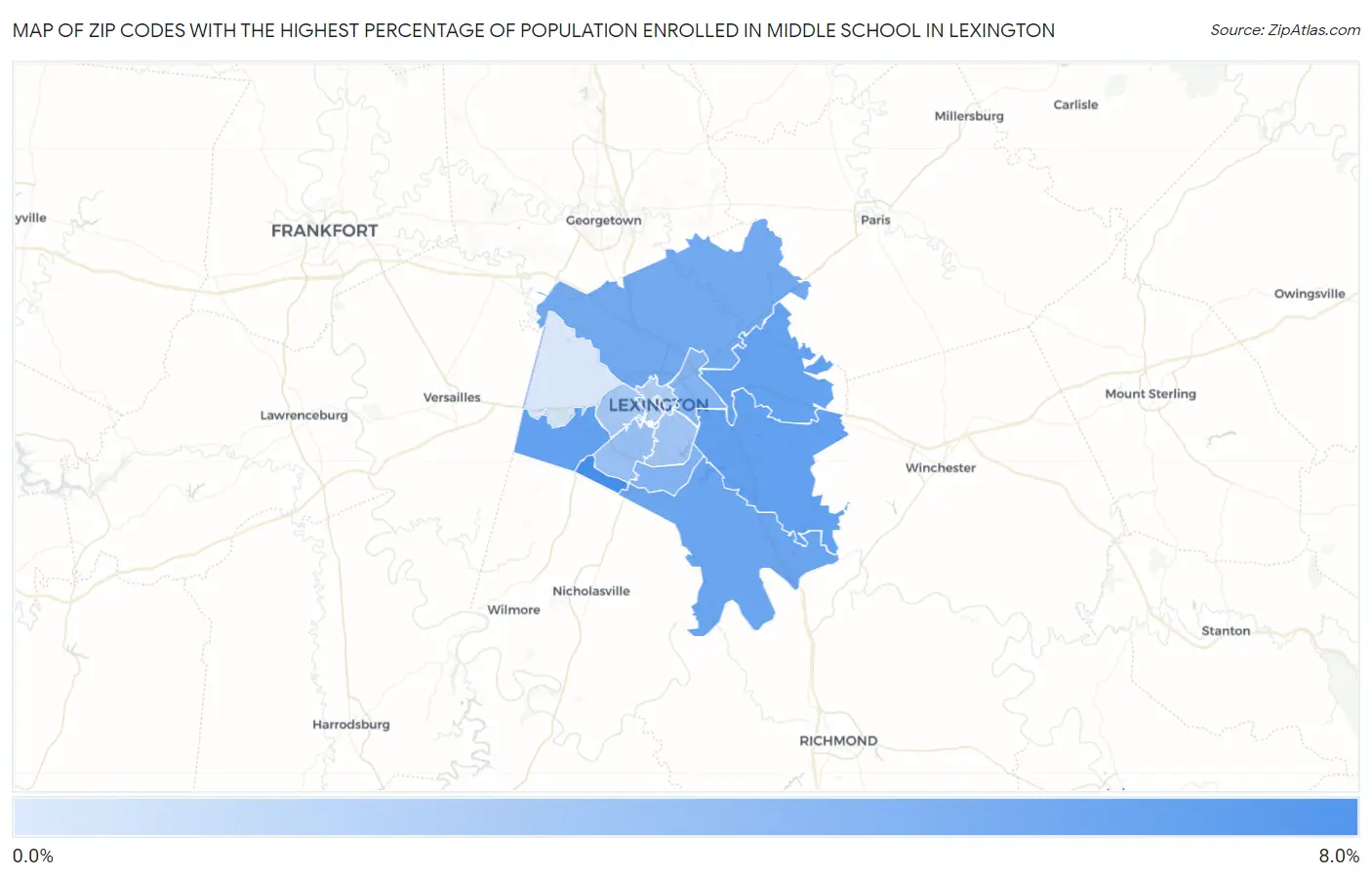 Zip Codes with the Highest Percentage of Population Enrolled in Middle School in Lexington Map