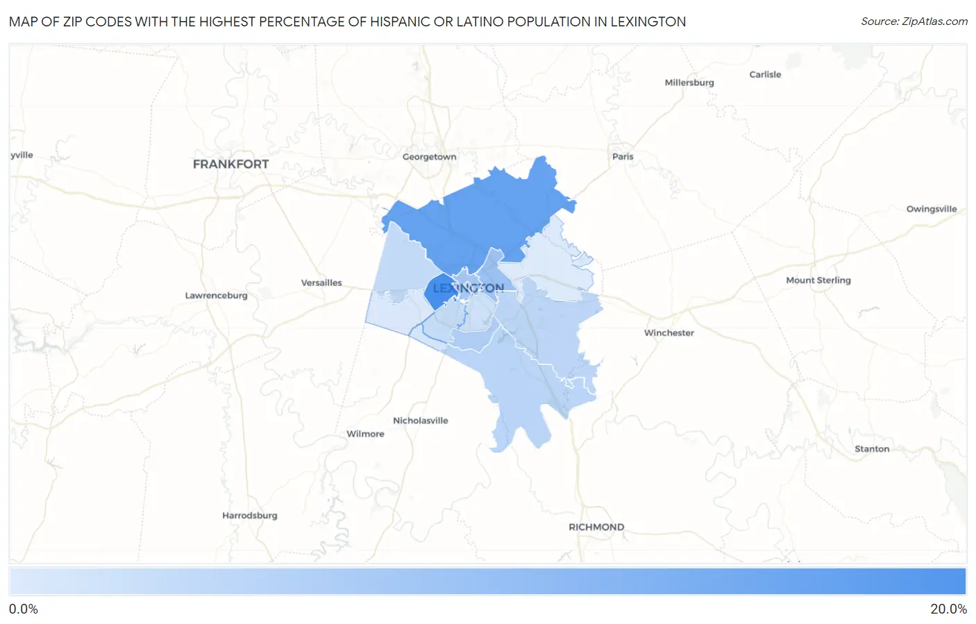 Zip Codes with the Highest Percentage of Hispanic or Latino Population in Lexington Map