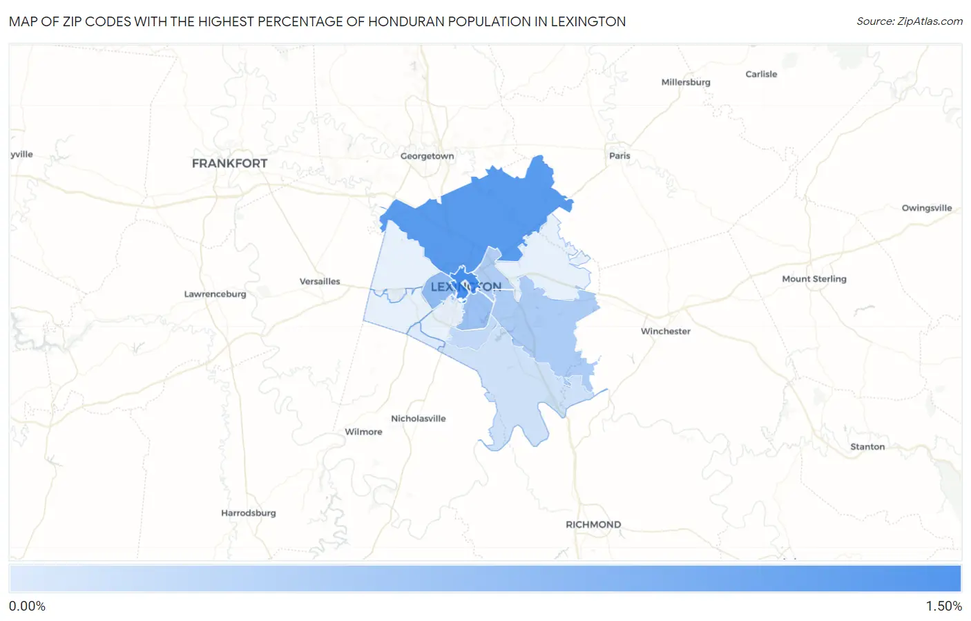 Zip Codes with the Highest Percentage of Honduran Population in Lexington Map