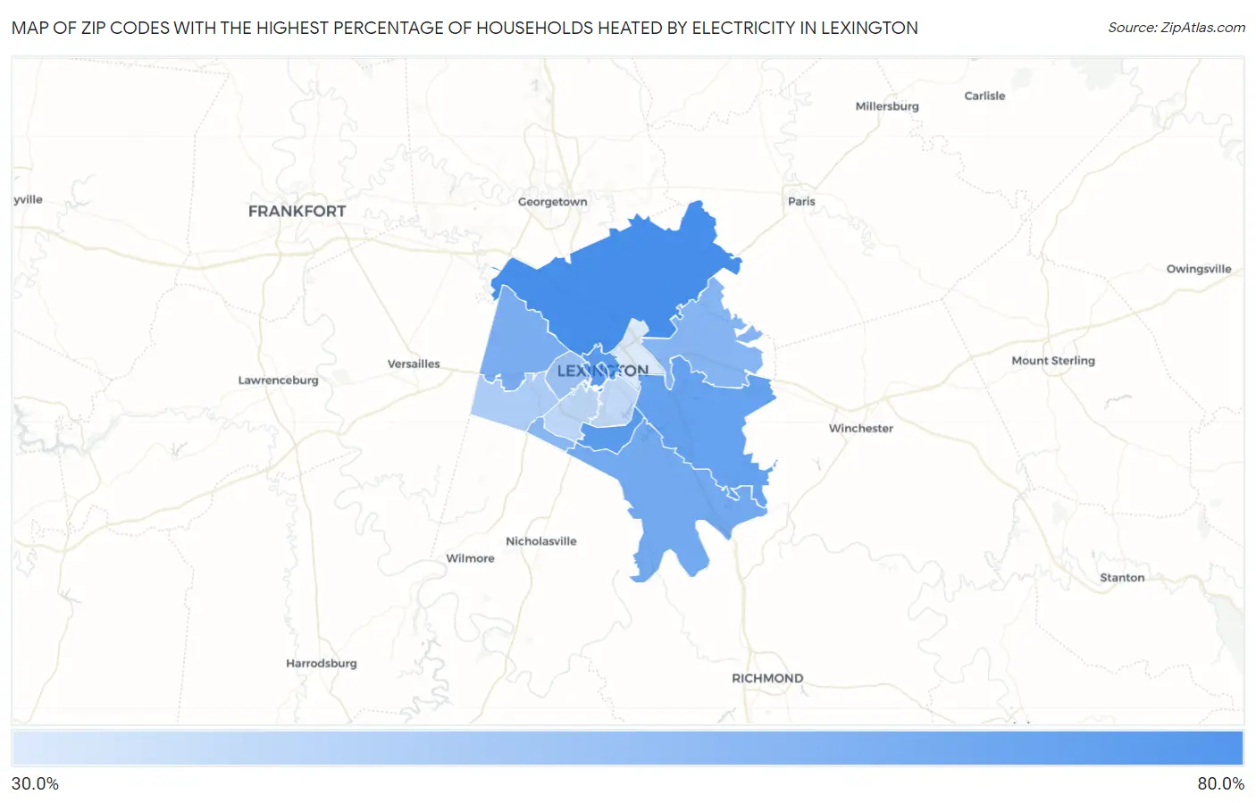 Zip Codes with the Highest Percentage of Households Heated by Electricity in Lexington Map