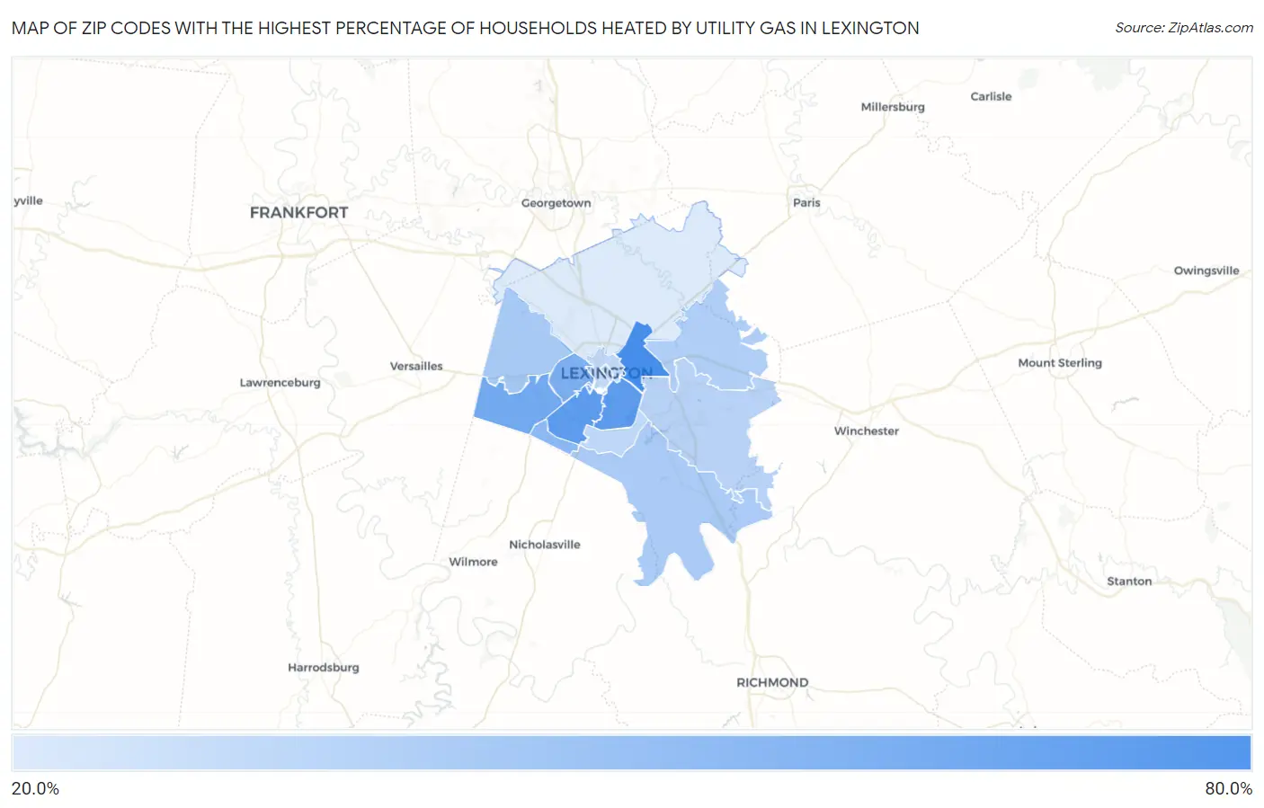 Zip Codes with the Highest Percentage of Households Heated by Utility Gas in Lexington Map