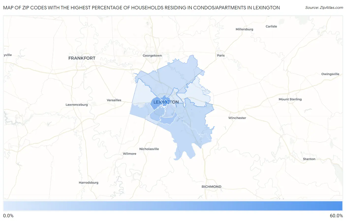 Zip Codes with the Highest Percentage of Households Residing in Condos/Apartments in Lexington Map