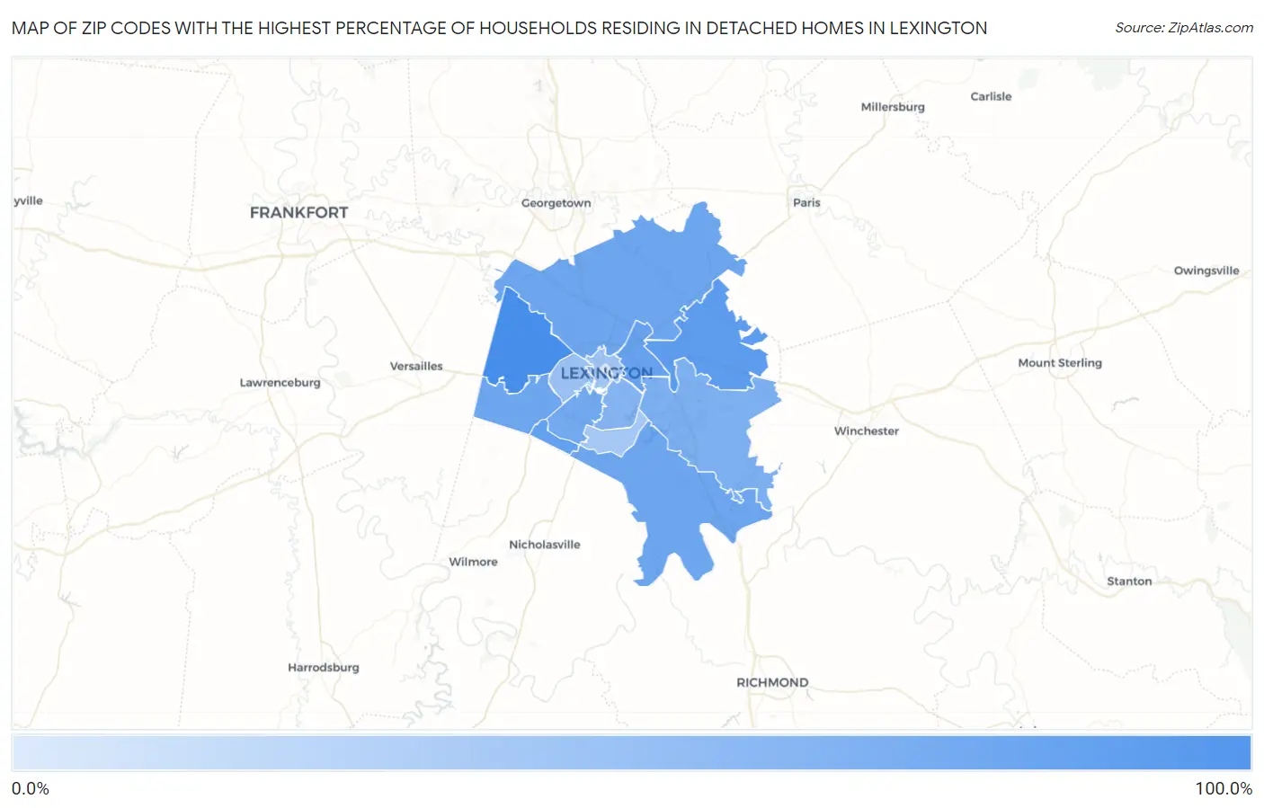 Zip Codes with the Highest Percentage of Households Residing in Detached Homes in Lexington Map