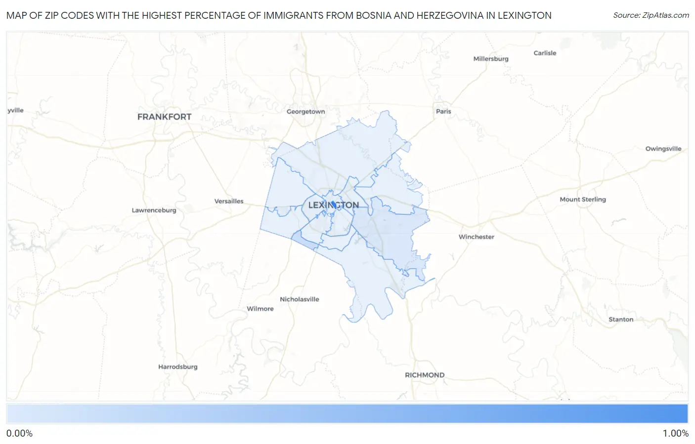 Zip Codes with the Highest Percentage of Immigrants from Bosnia and Herzegovina in Lexington Map