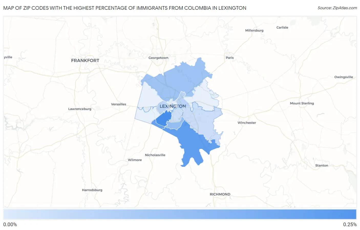 Zip Codes with the Highest Percentage of Immigrants from Colombia in Lexington Map