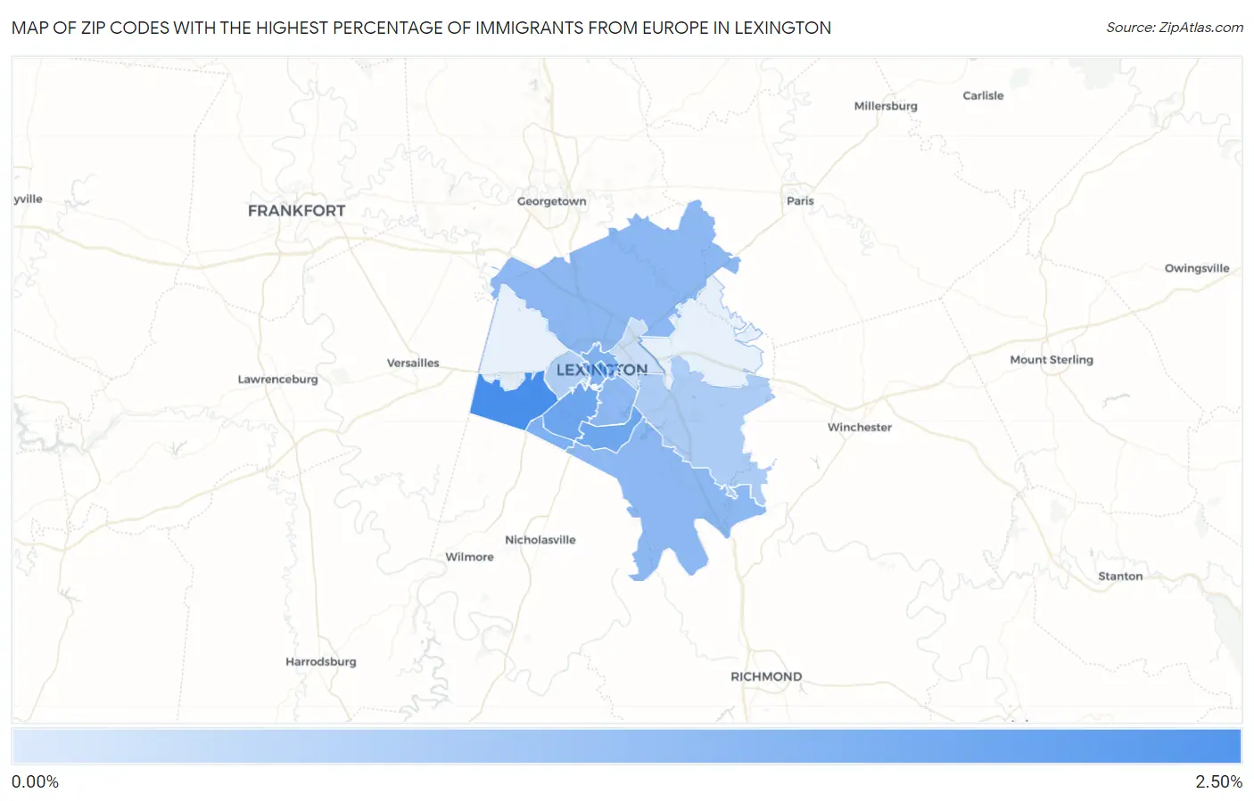 Zip Codes with the Highest Percentage of Immigrants from Europe in Lexington Map