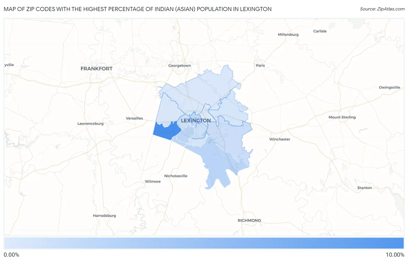 Zip Codes with the Highest Percentage of Indian (Asian) Population in Lexington Map