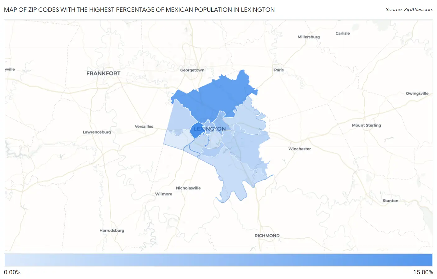 Zip Codes with the Highest Percentage of Mexican Population in Lexington Map