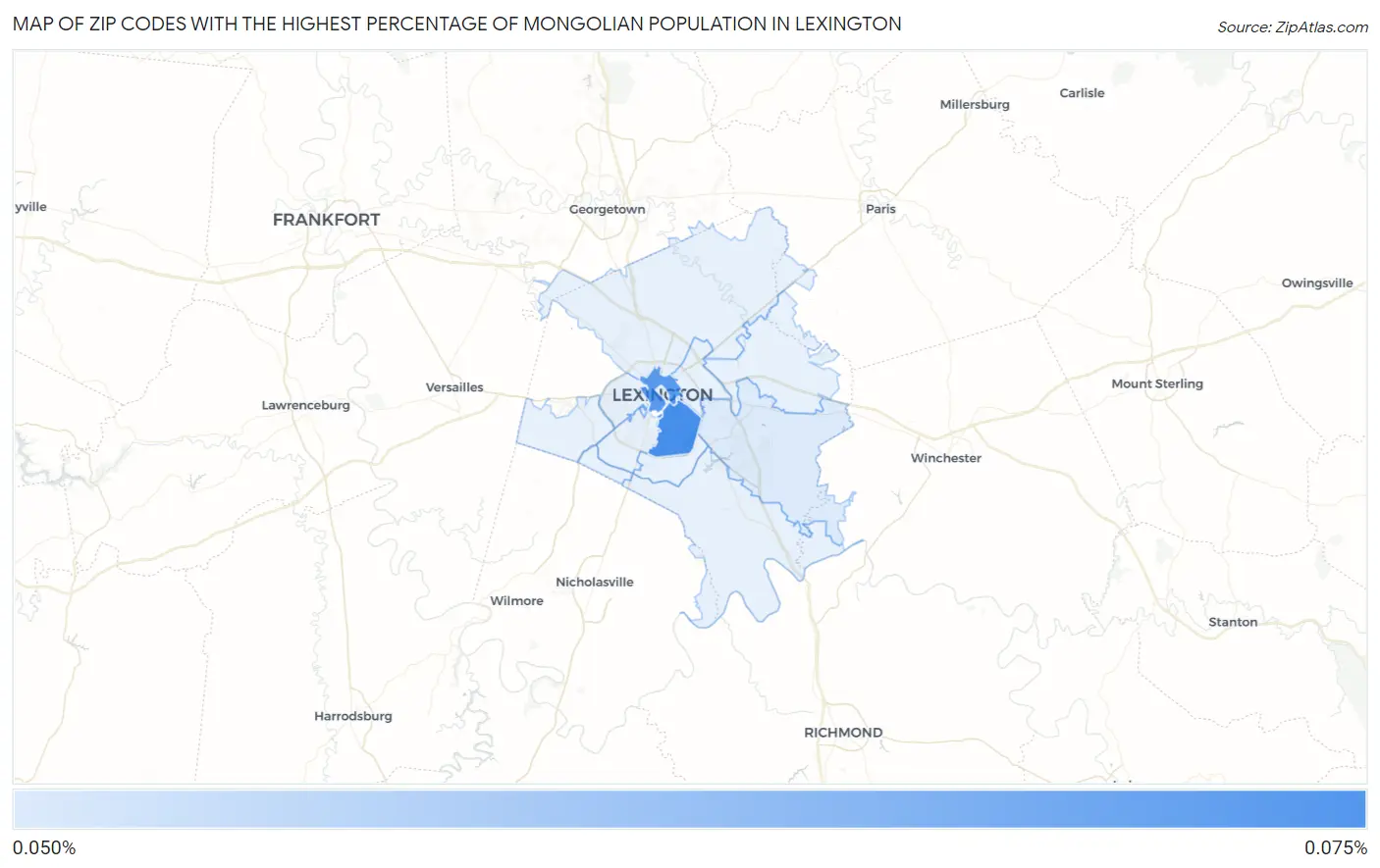 Zip Codes with the Highest Percentage of Mongolian Population in Lexington Map