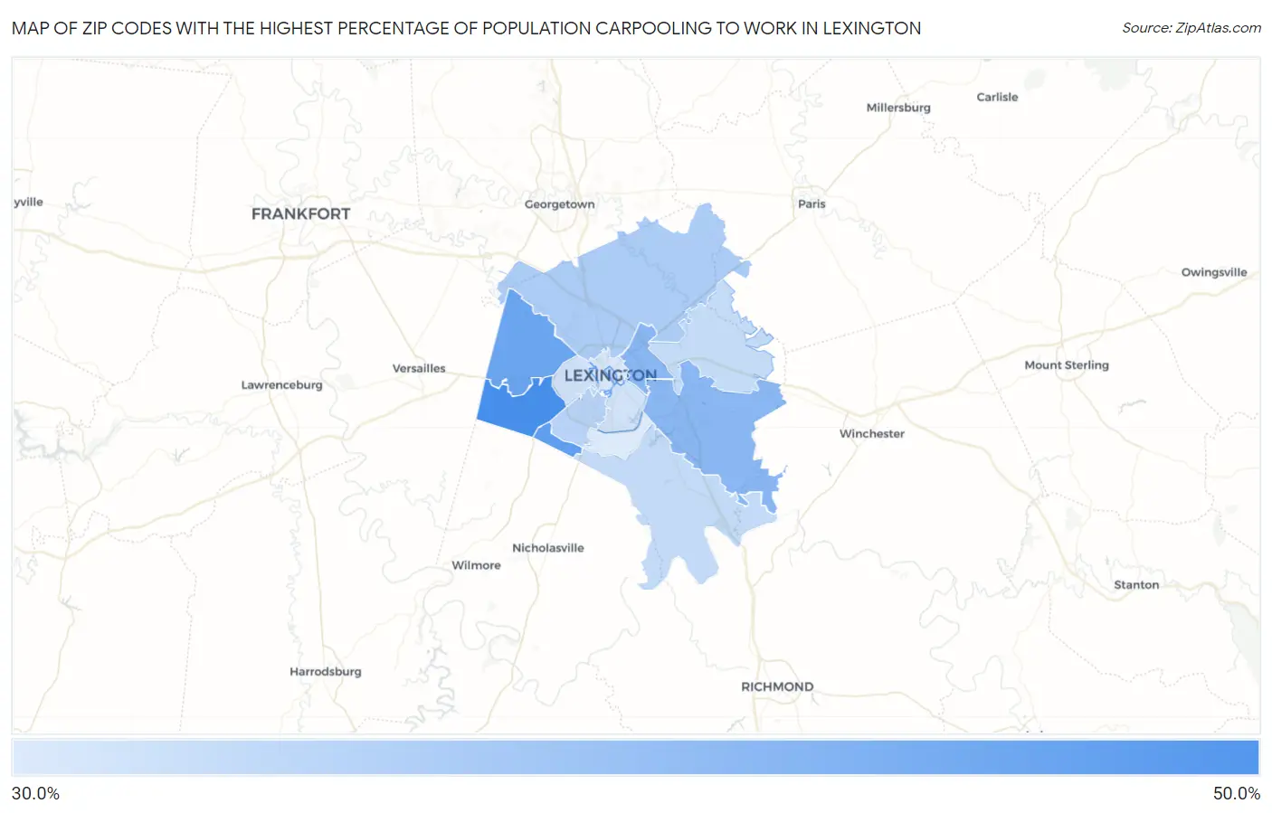 Zip Codes with the Highest Percentage of Population Carpooling to Work in Lexington Map