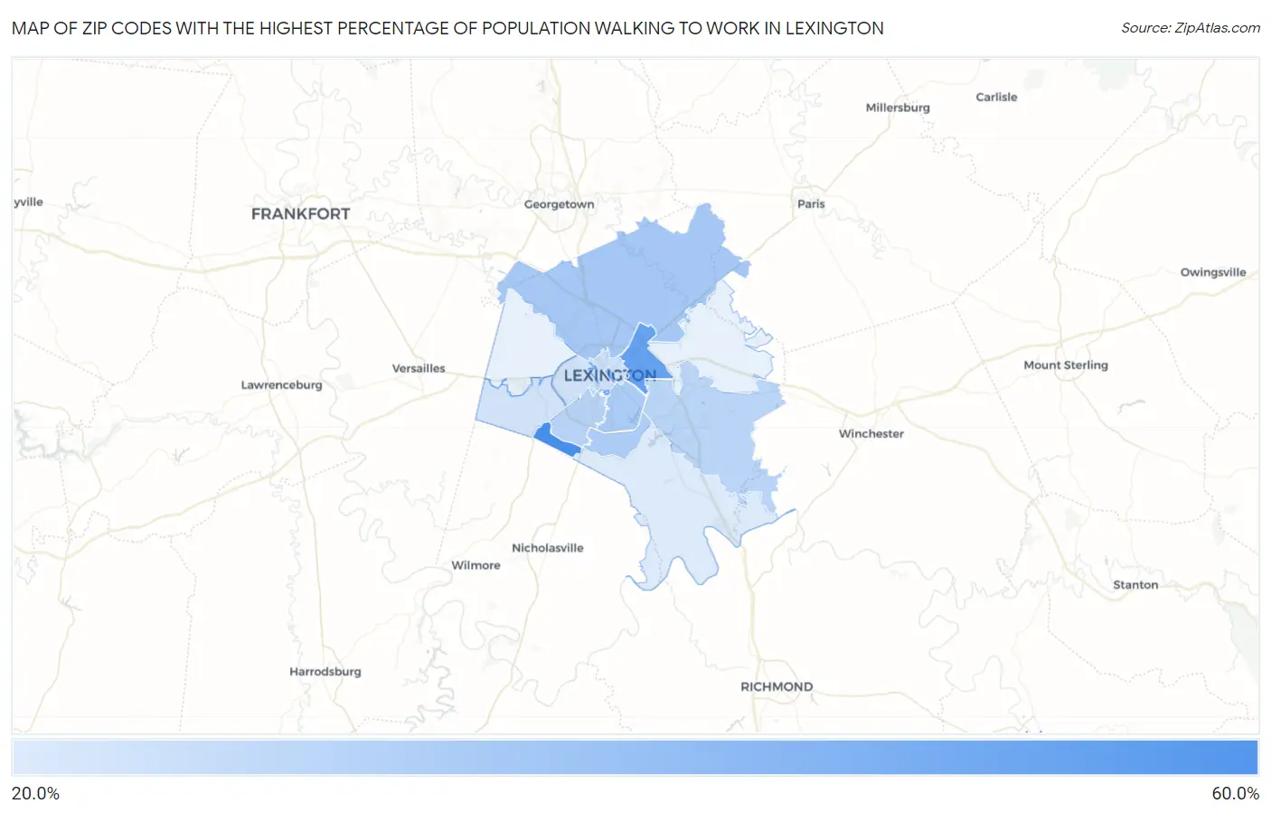 Zip Codes with the Highest Percentage of Population Walking to Work in Lexington Map