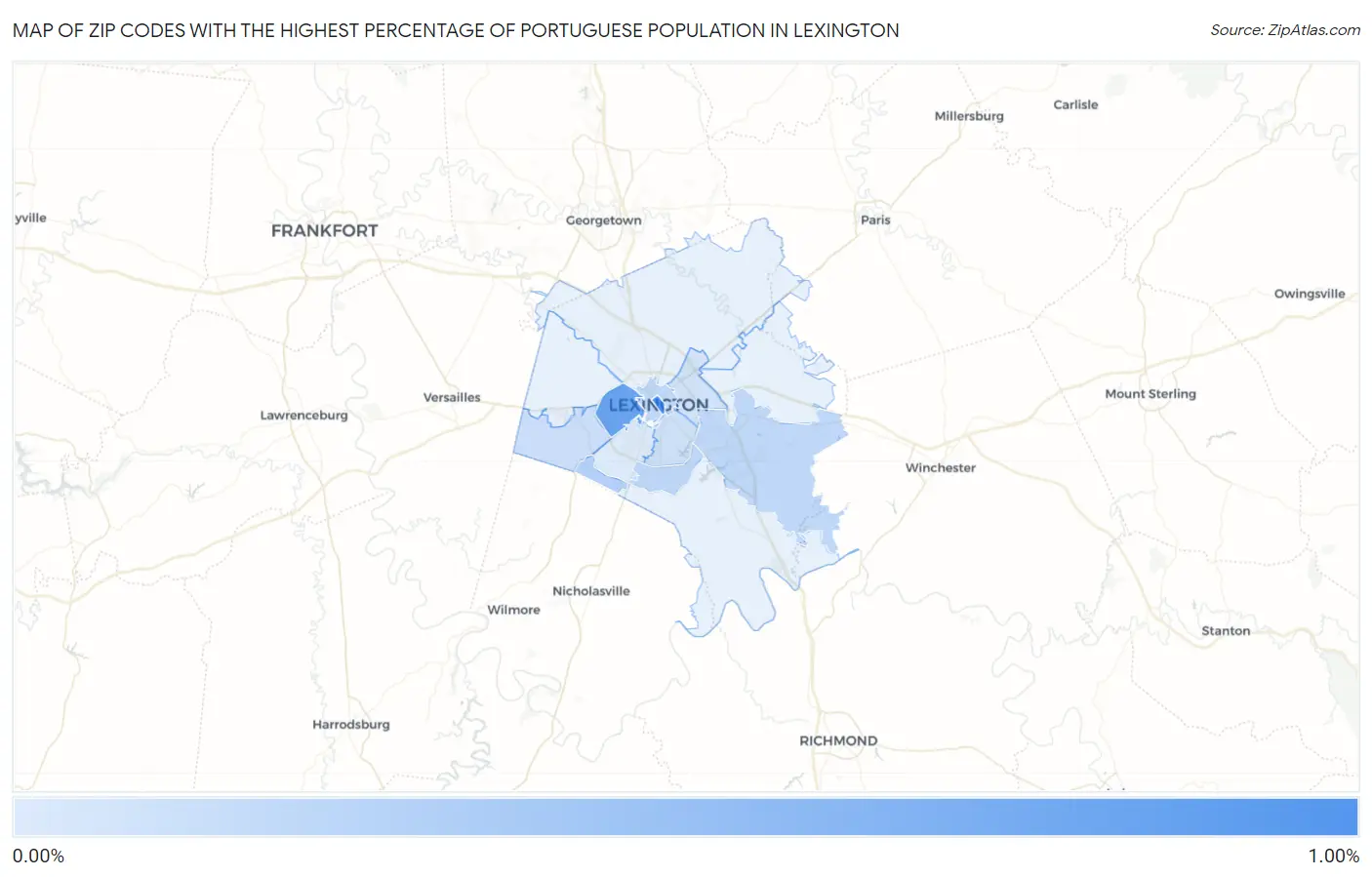 Zip Codes with the Highest Percentage of Portuguese Population in Lexington Map