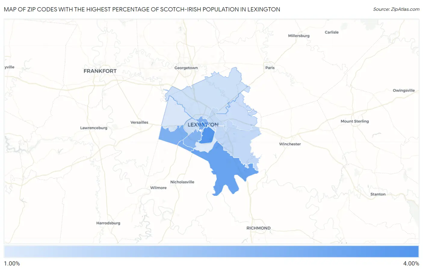 Zip Codes with the Highest Percentage of Scotch-Irish Population in Lexington Map