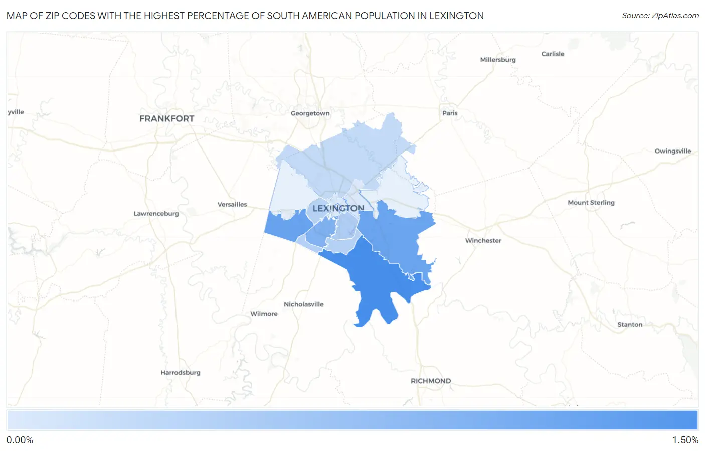 Zip Codes with the Highest Percentage of South American Population in Lexington Map