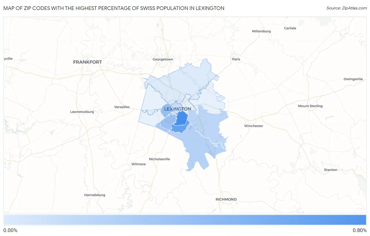 Zip Codes with the Highest Percentage of Swiss Population in Lexington Map