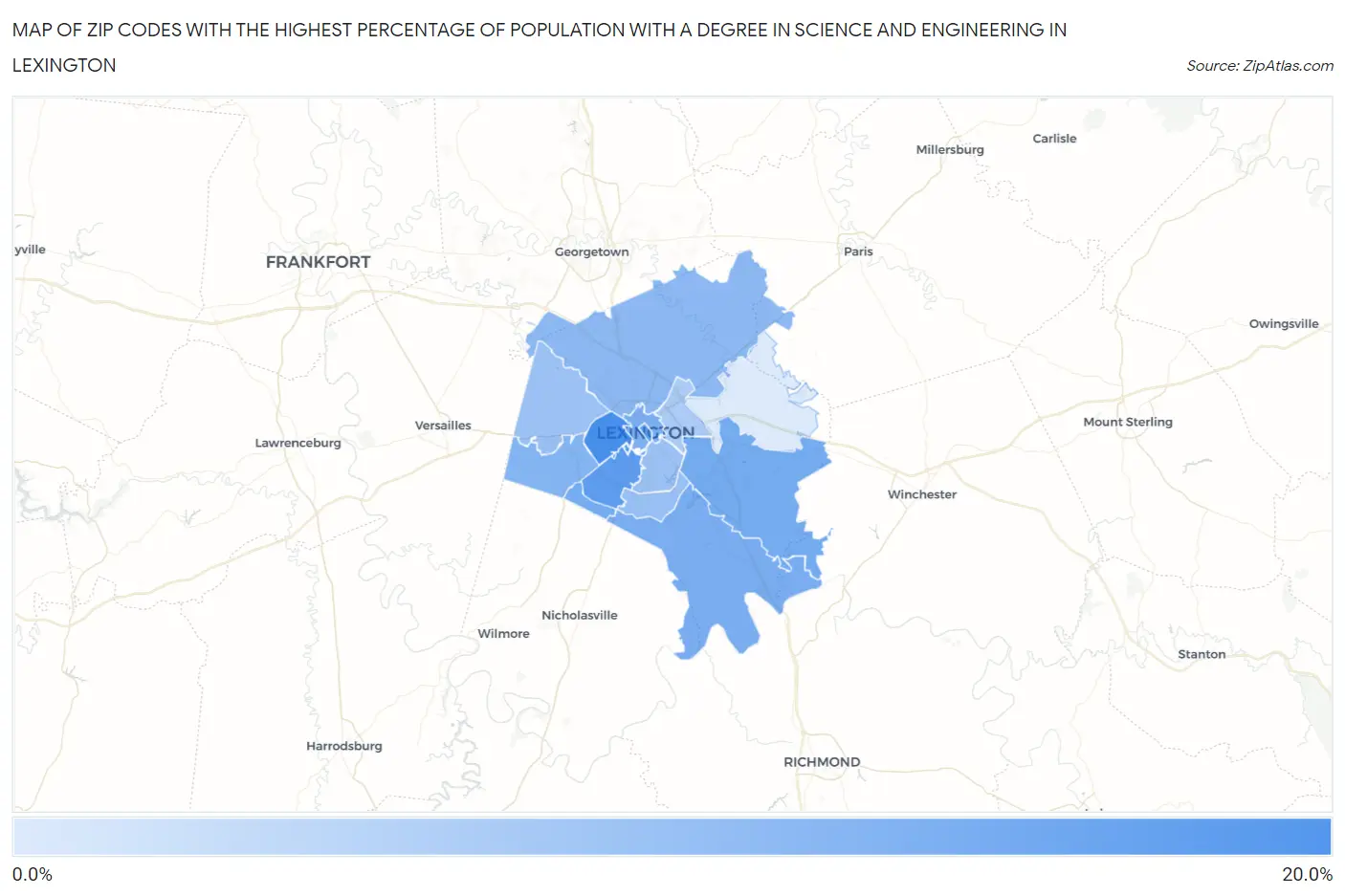 Zip Codes with the Highest Percentage of Population with a Degree in Science and Engineering in Lexington Map