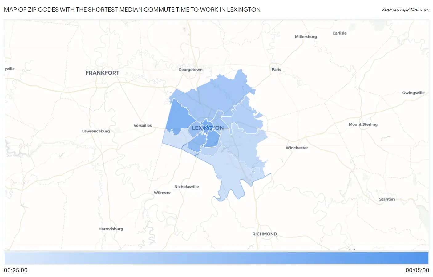 Zip Codes with the Shortest Median Commute Time to Work in Lexington Map