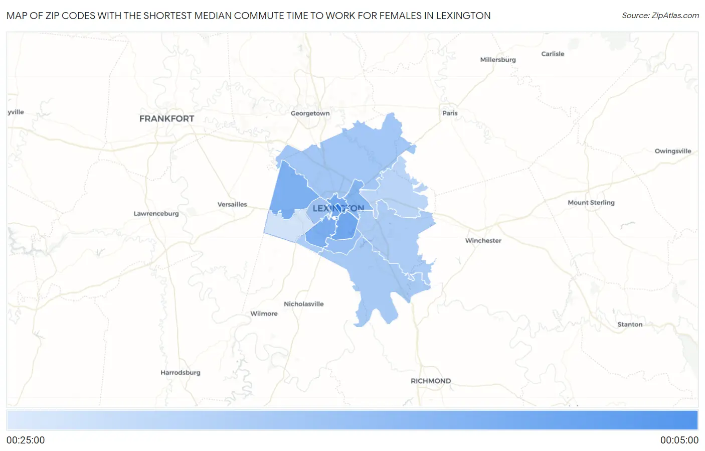 Zip Codes with the Shortest Median Commute Time to Work for Females in Lexington Map