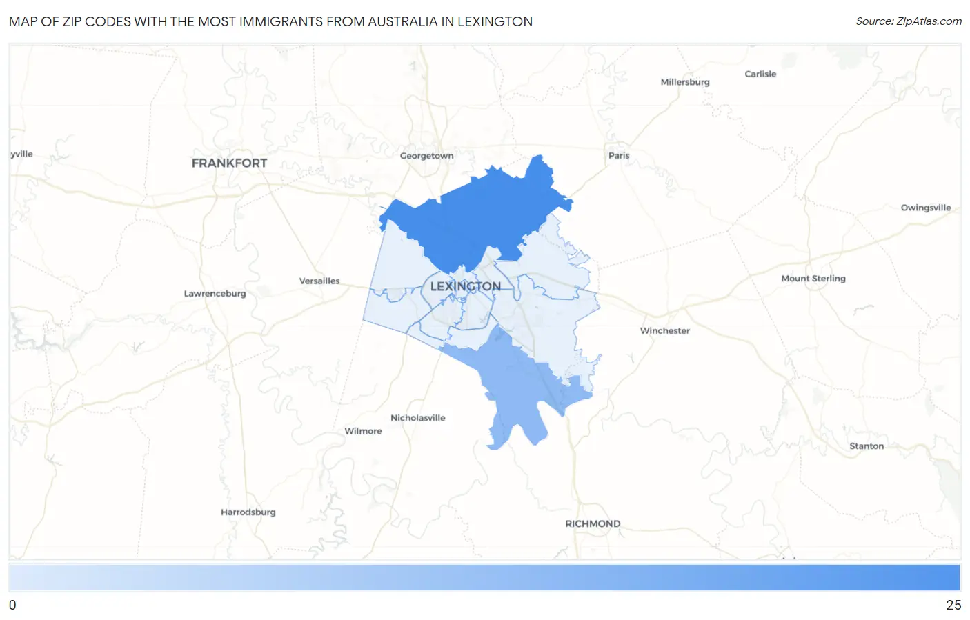 Zip Codes with the Most Immigrants from Australia in Lexington Map