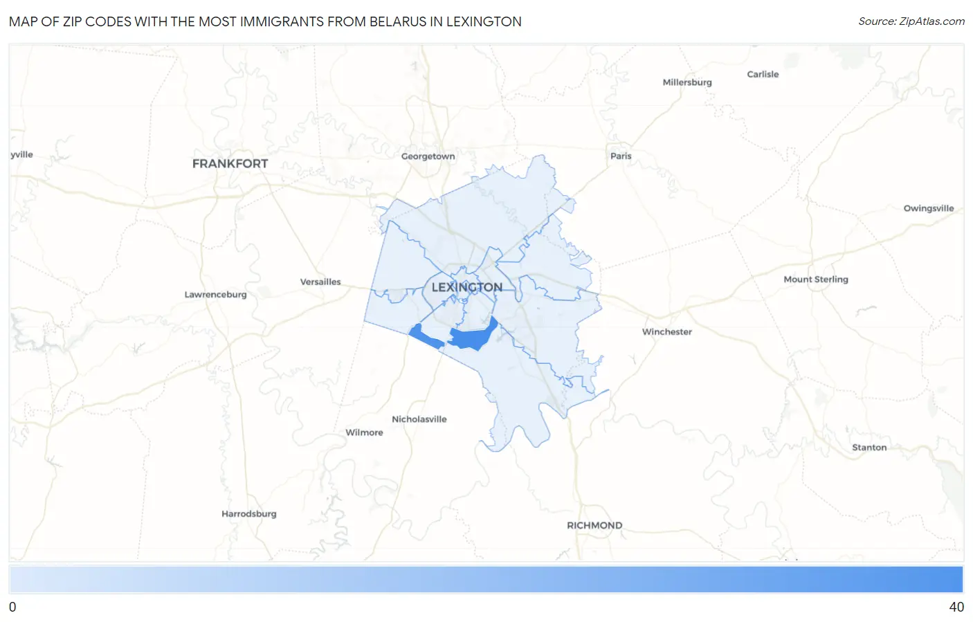 Zip Codes with the Most Immigrants from Belarus in Lexington Map