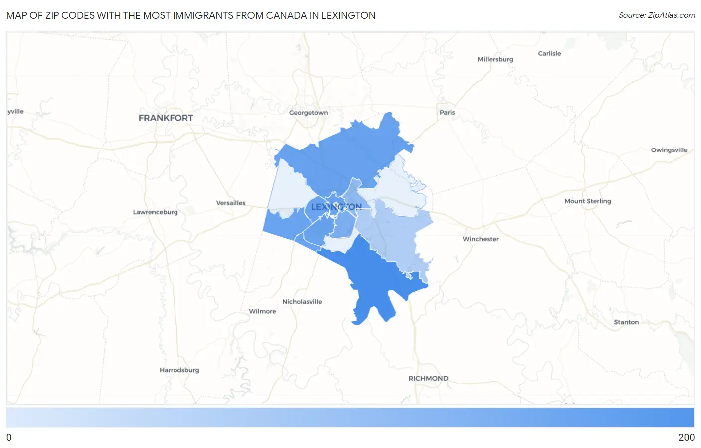 Zip Codes with the Most Immigrants from Canada in Lexington Map