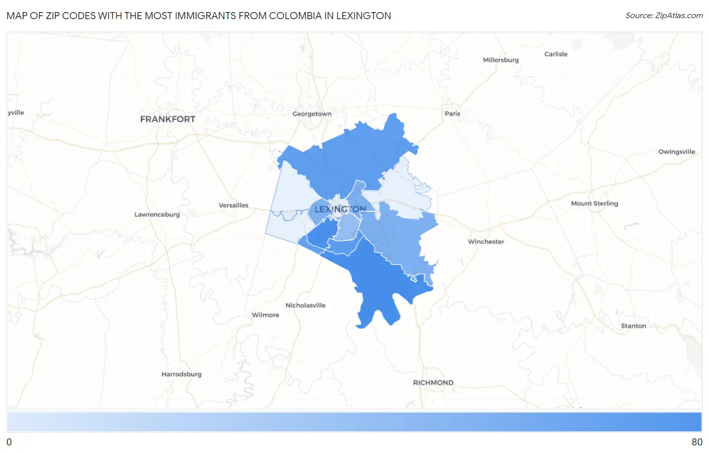 Zip Codes with the Most Immigrants from Colombia in Lexington Map