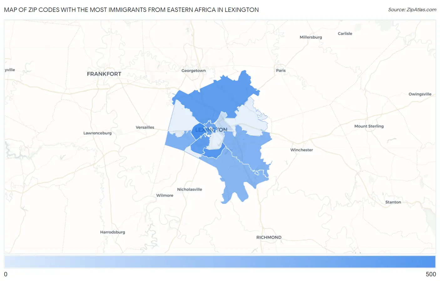 Zip Codes with the Most Immigrants from Eastern Africa in Lexington Map