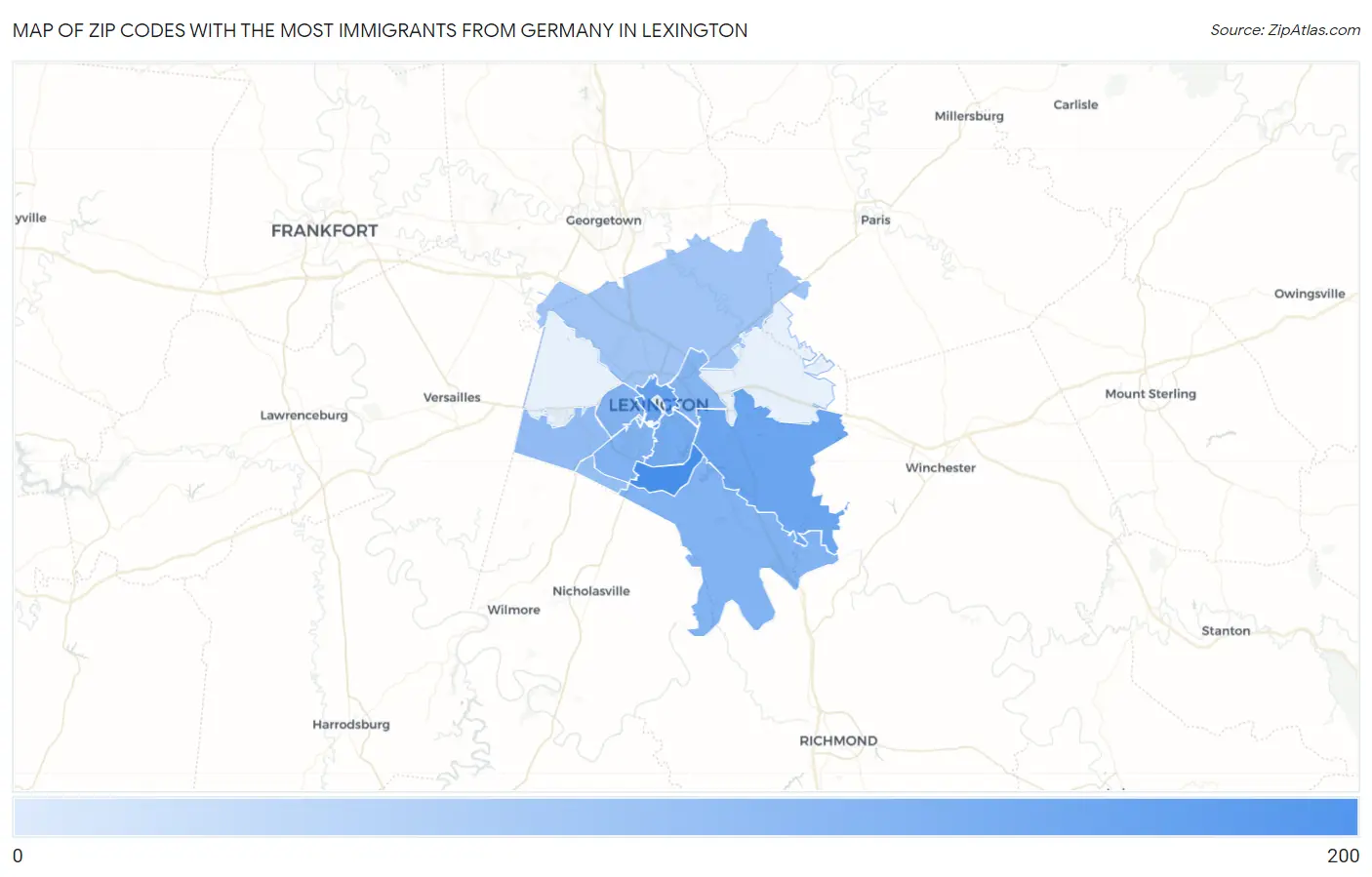 Zip Codes with the Most Immigrants from Germany in Lexington Map