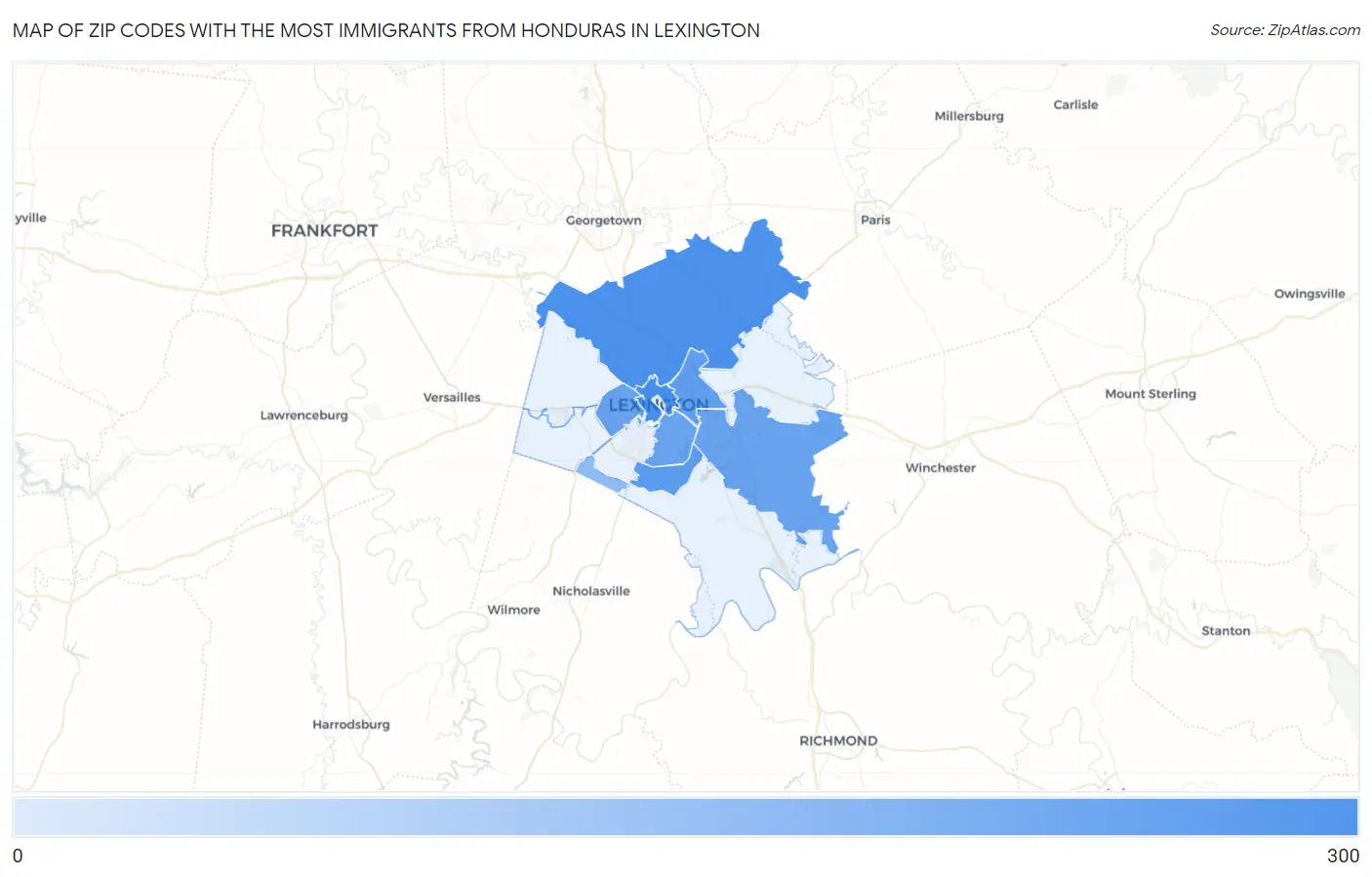 Zip Codes with the Most Immigrants from Honduras in Lexington Map