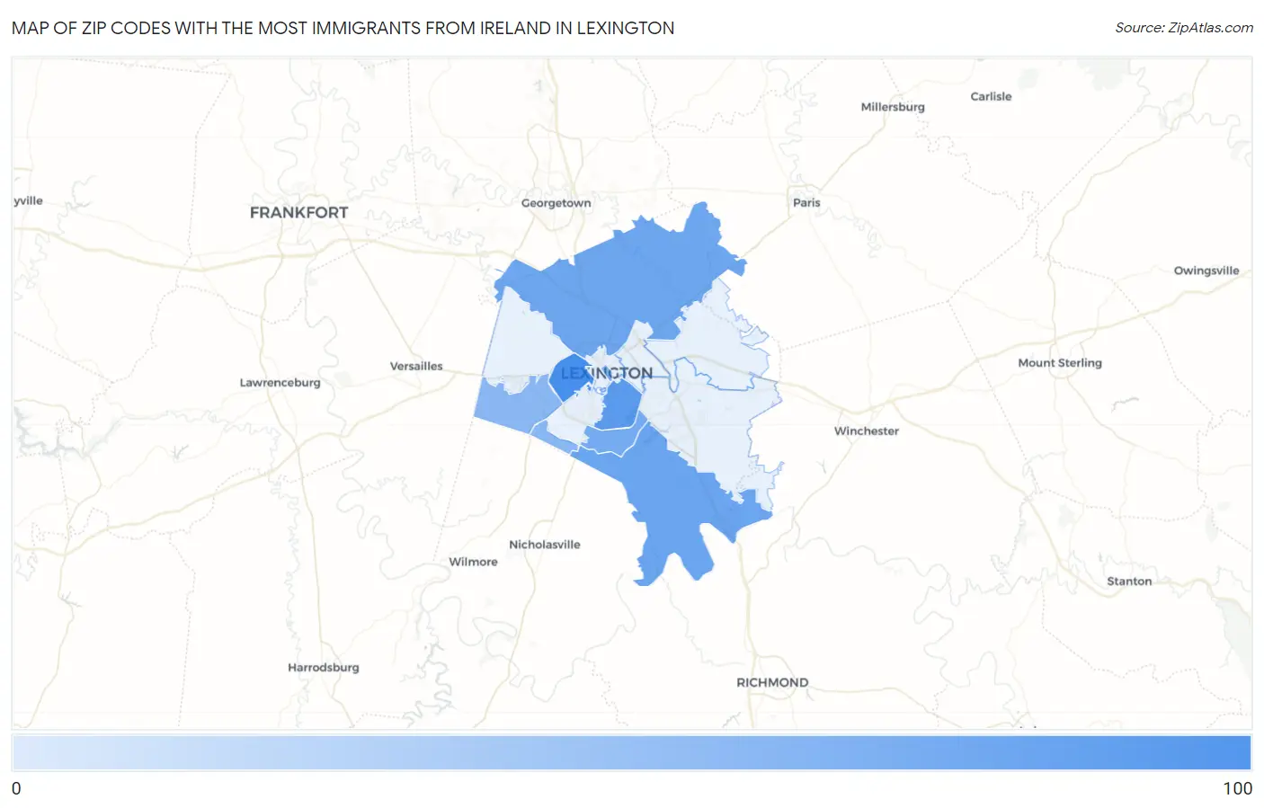 Zip Codes with the Most Immigrants from Ireland in Lexington Map