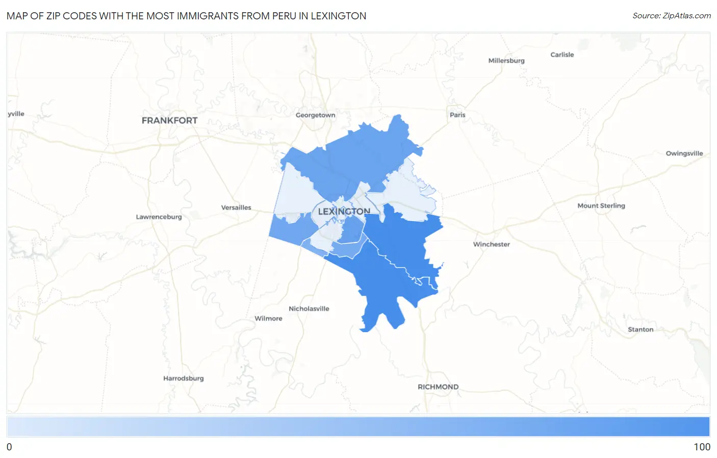 Zip Codes with the Most Immigrants from Peru in Lexington Map