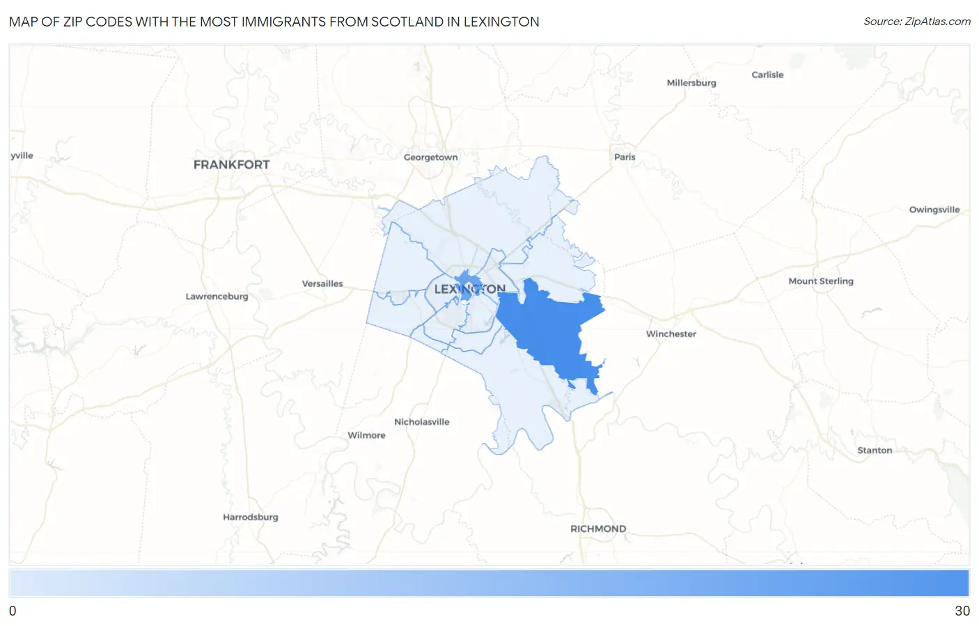 Zip Codes with the Most Immigrants from Scotland in Lexington Map