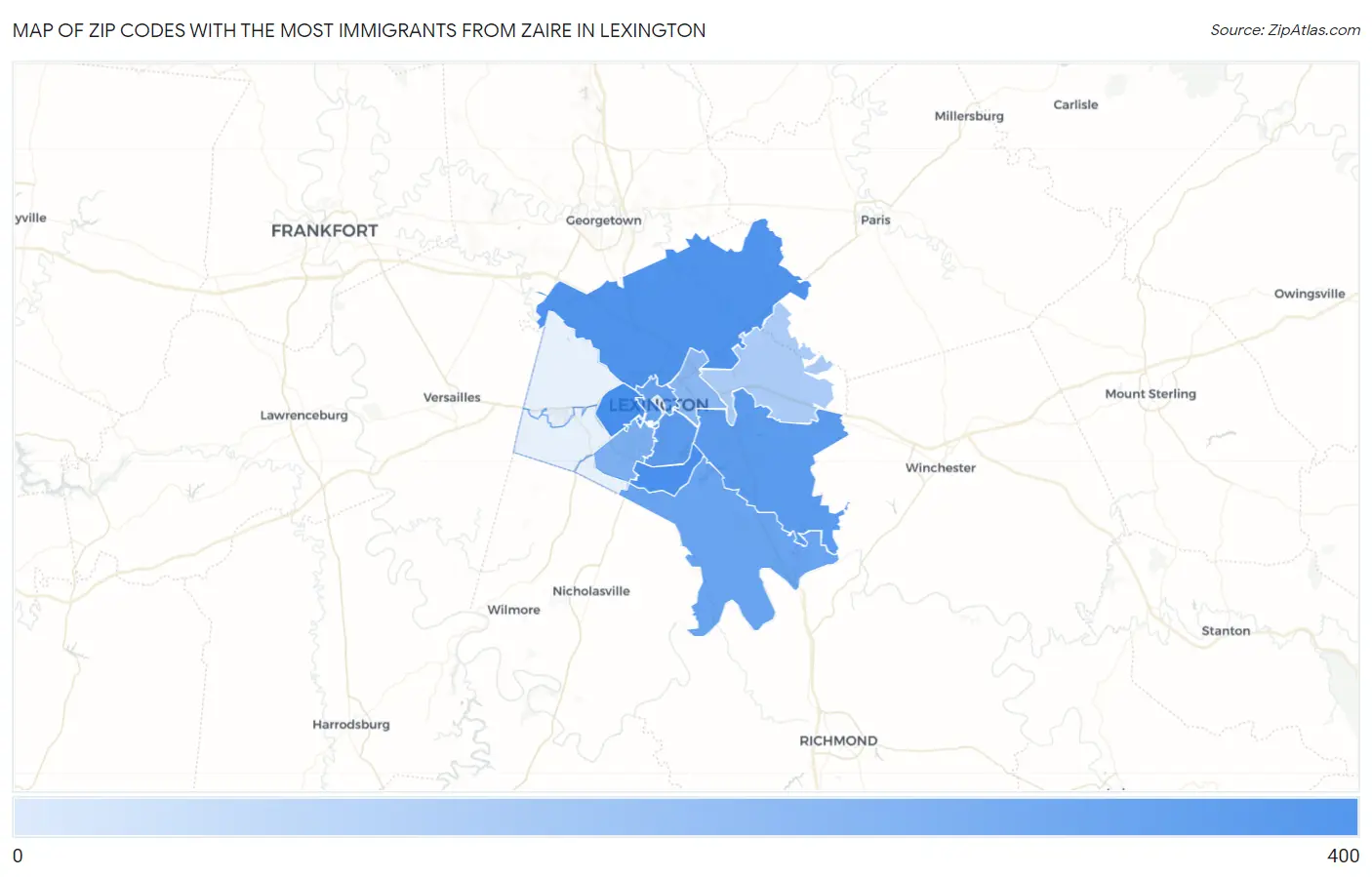 Zip Codes with the Most Immigrants from Zaire in Lexington Map