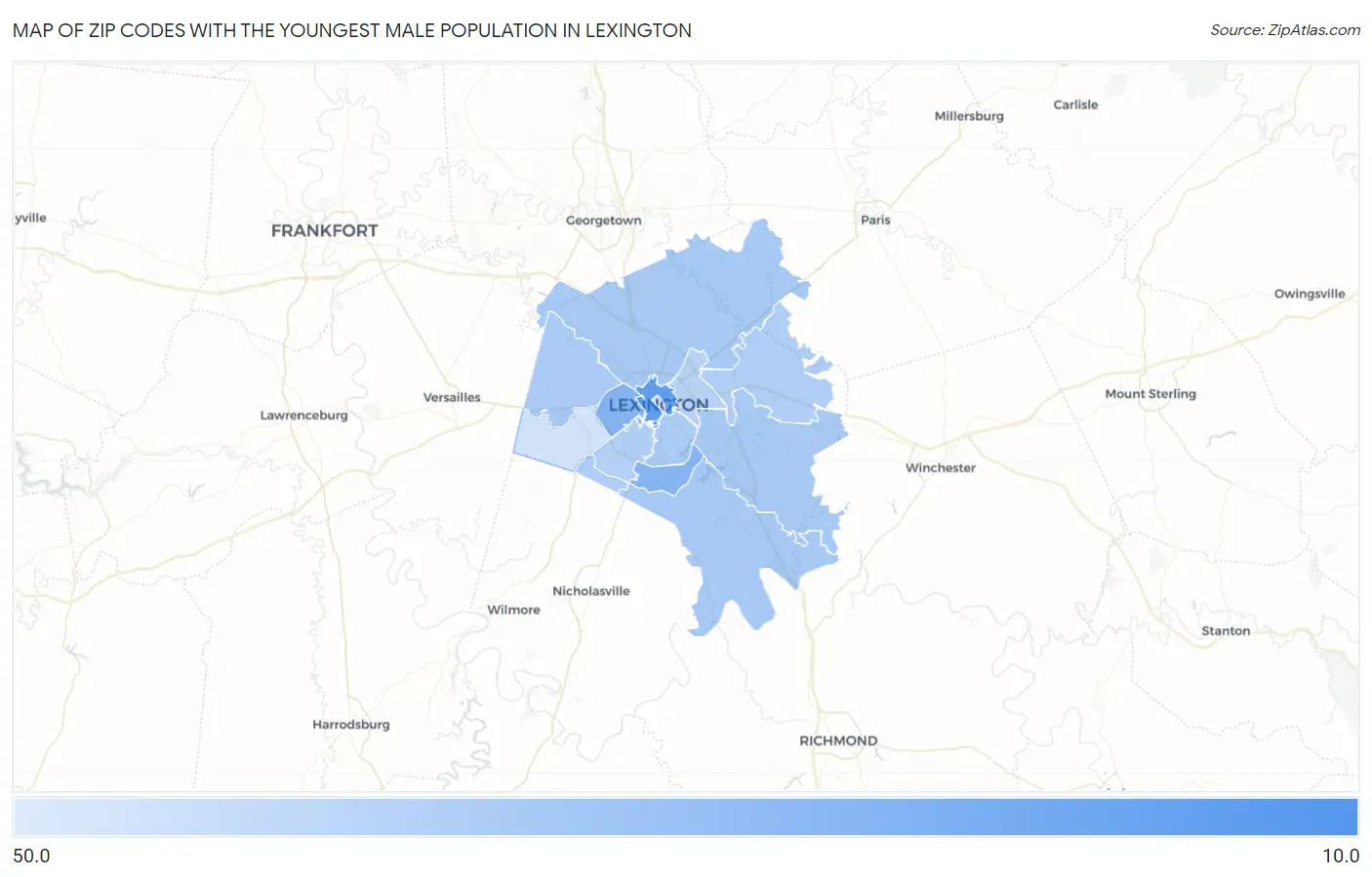 Zip Codes with the Youngest Male Population in Lexington Map