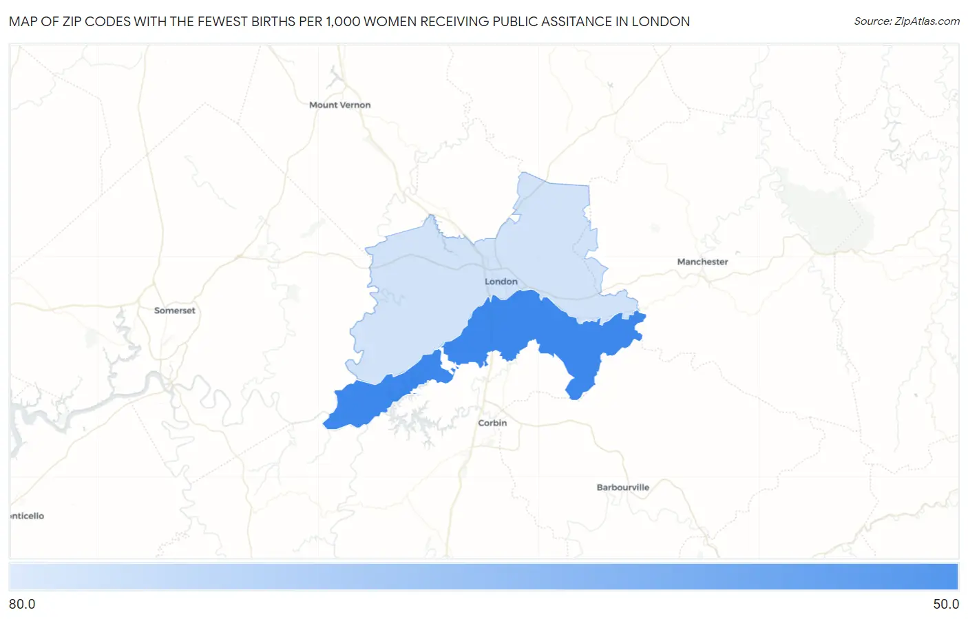 Zip Codes with the Fewest Births per 1,000 Women Receiving Public Assitance in London Map