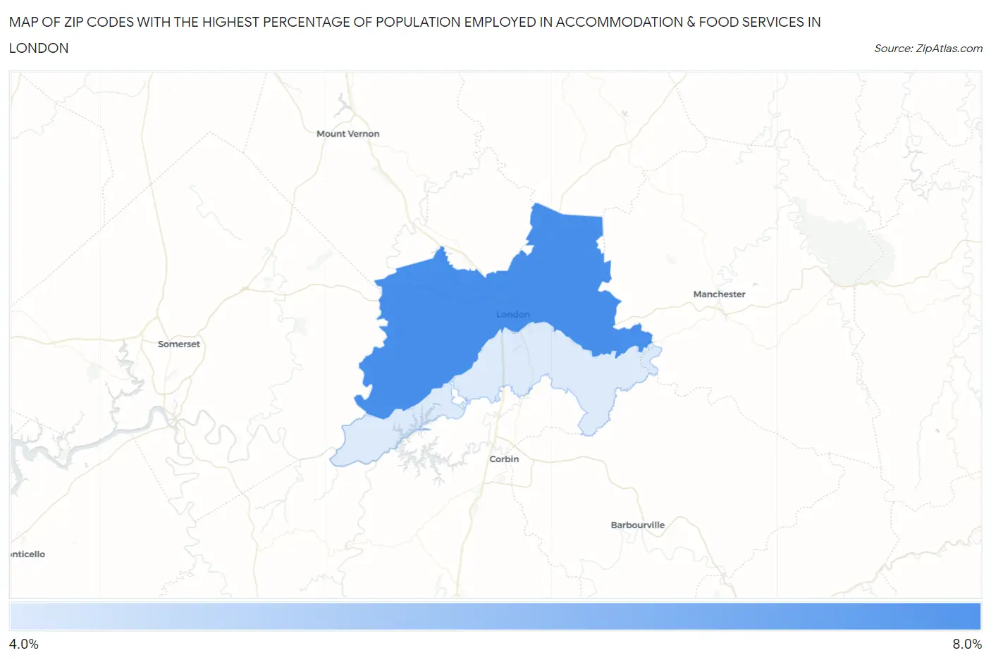 Zip Codes with the Highest Percentage of Population Employed in Accommodation & Food Services in London Map
