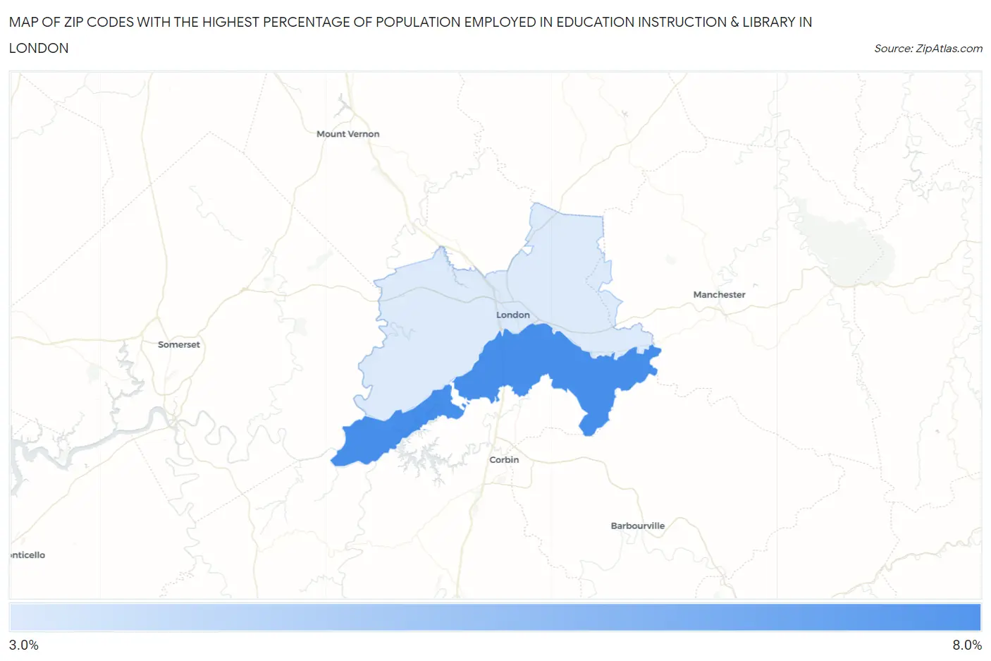 Zip Codes with the Highest Percentage of Population Employed in Education Instruction & Library in London Map