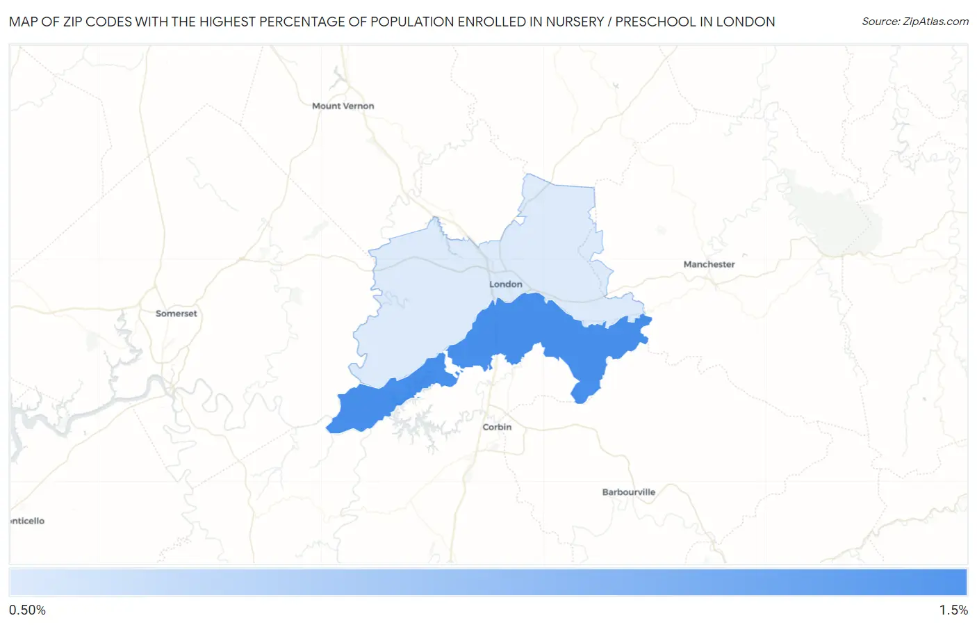 Zip Codes with the Highest Percentage of Population Enrolled in Nursery / Preschool in London Map