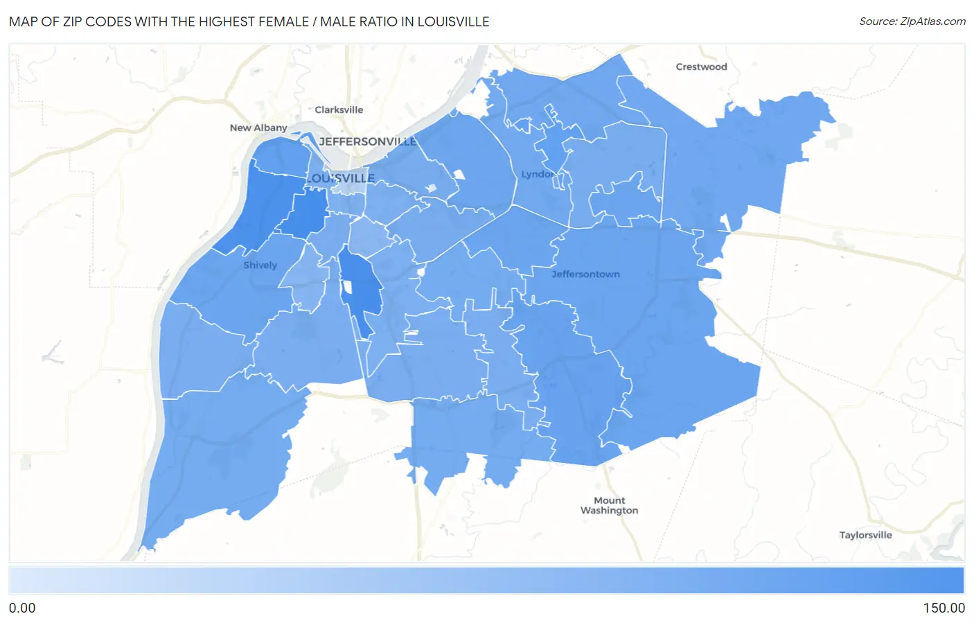 Zip Codes with the Highest Female / Male Ratio in Louisville Map