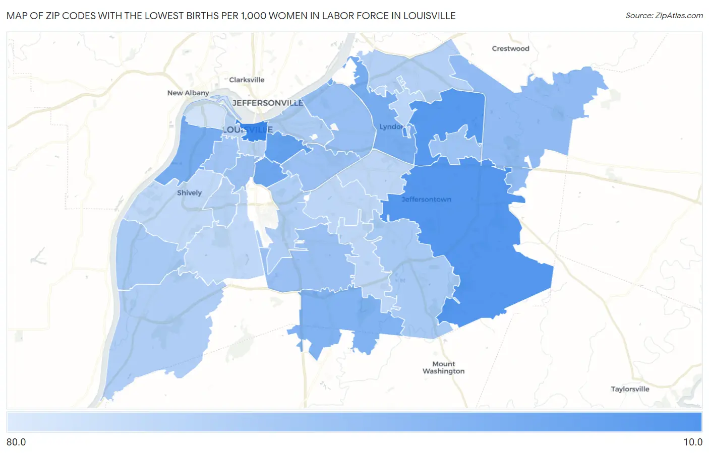 Zip Codes with the Lowest Births per 1,000 Women in Labor Force in Louisville Map
