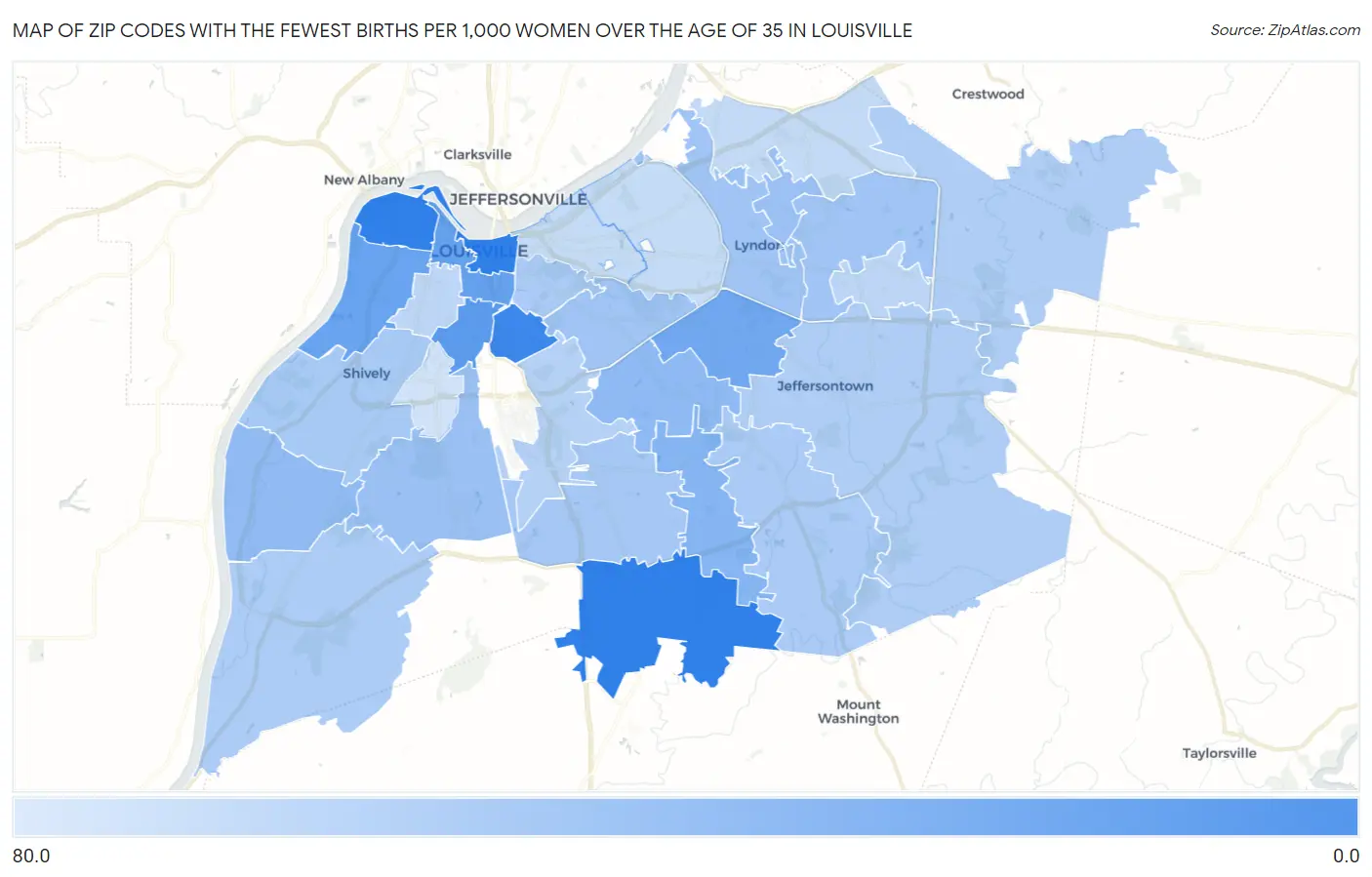 Zip Codes with the Fewest Births per 1,000 Women Over the Age of 35 in Louisville Map