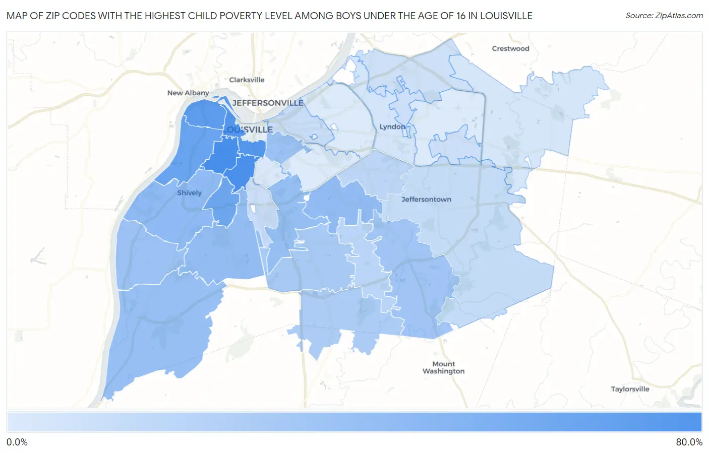 Zip Codes with the Highest Child Poverty Level Among Boys Under the Age of 16 in Louisville Map